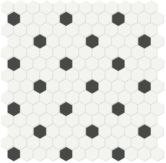 1" White w/ Retro Black Matte Hex Mosaic | Tiles By Kia
