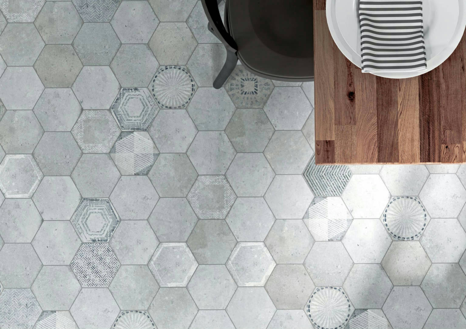 Alma 5.5x6.3” Grey and Grey Decor Hexagon | Tiles By Kia