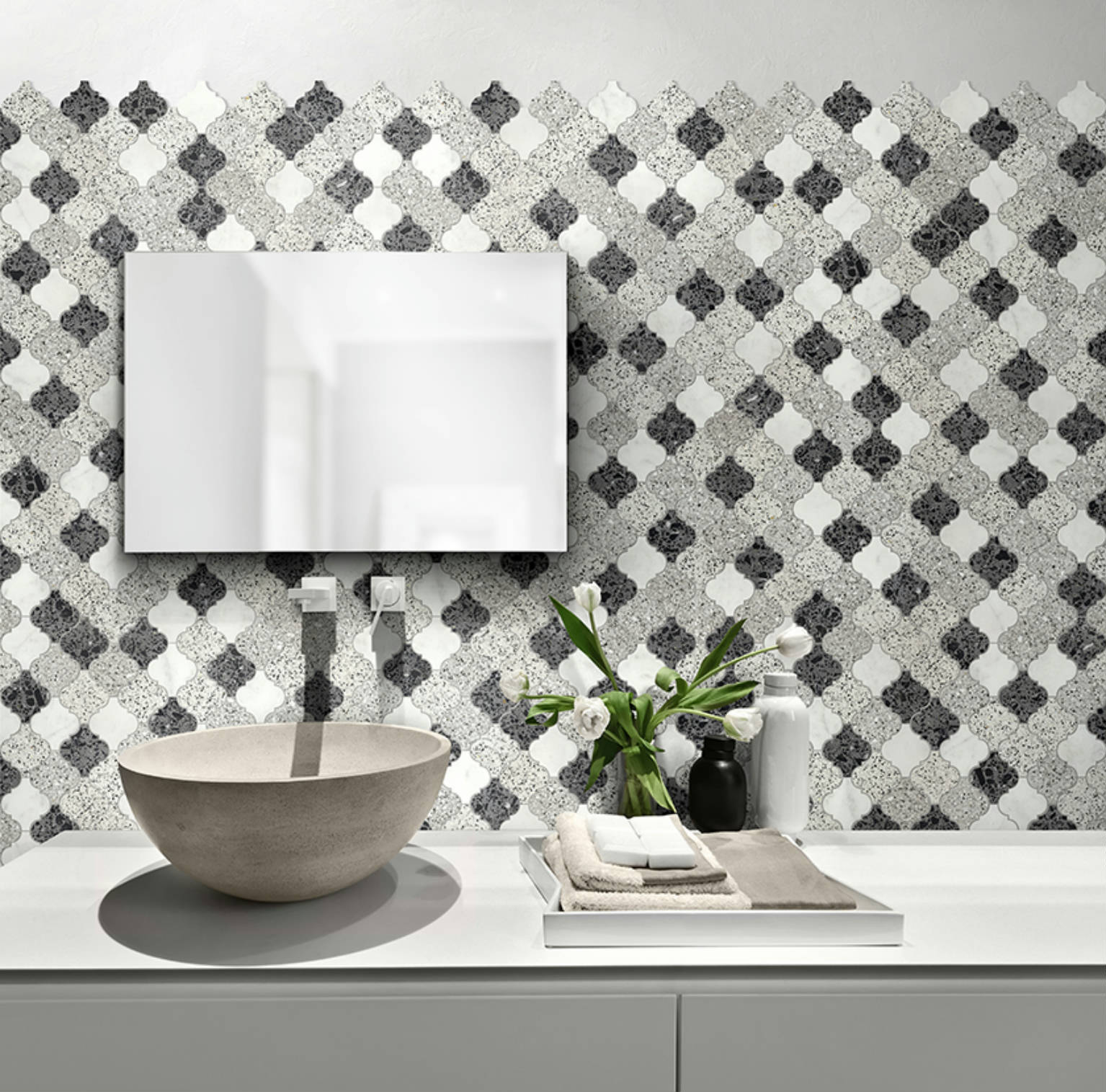 Lantern Terrazzo Marble White, Grey, Black Mix Mosaic | Tiles By Kia